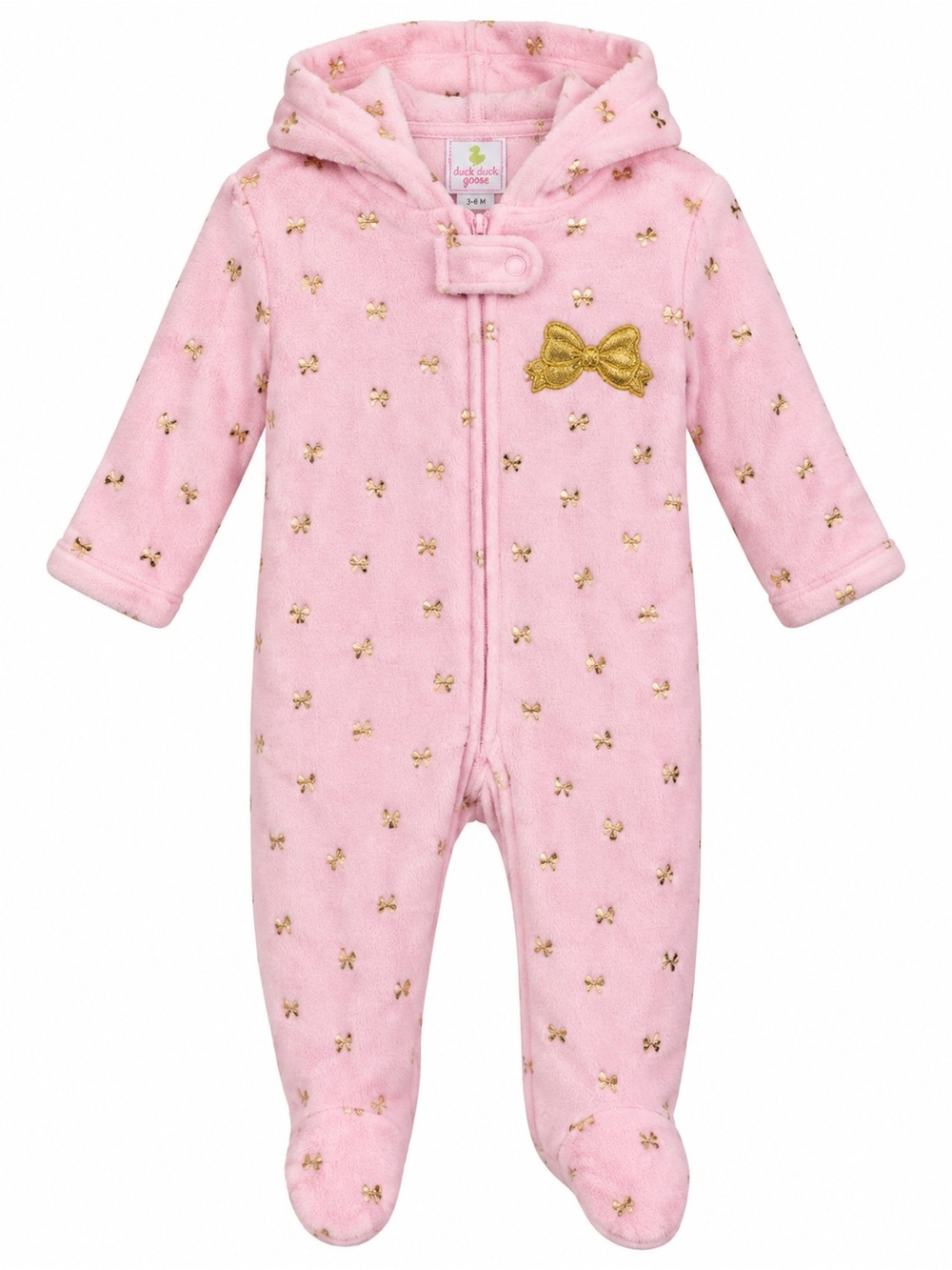 Duck Duck Goose Baby Girls 3-6M Pink Gold Bow Hooded Fleece Footed Sleeper